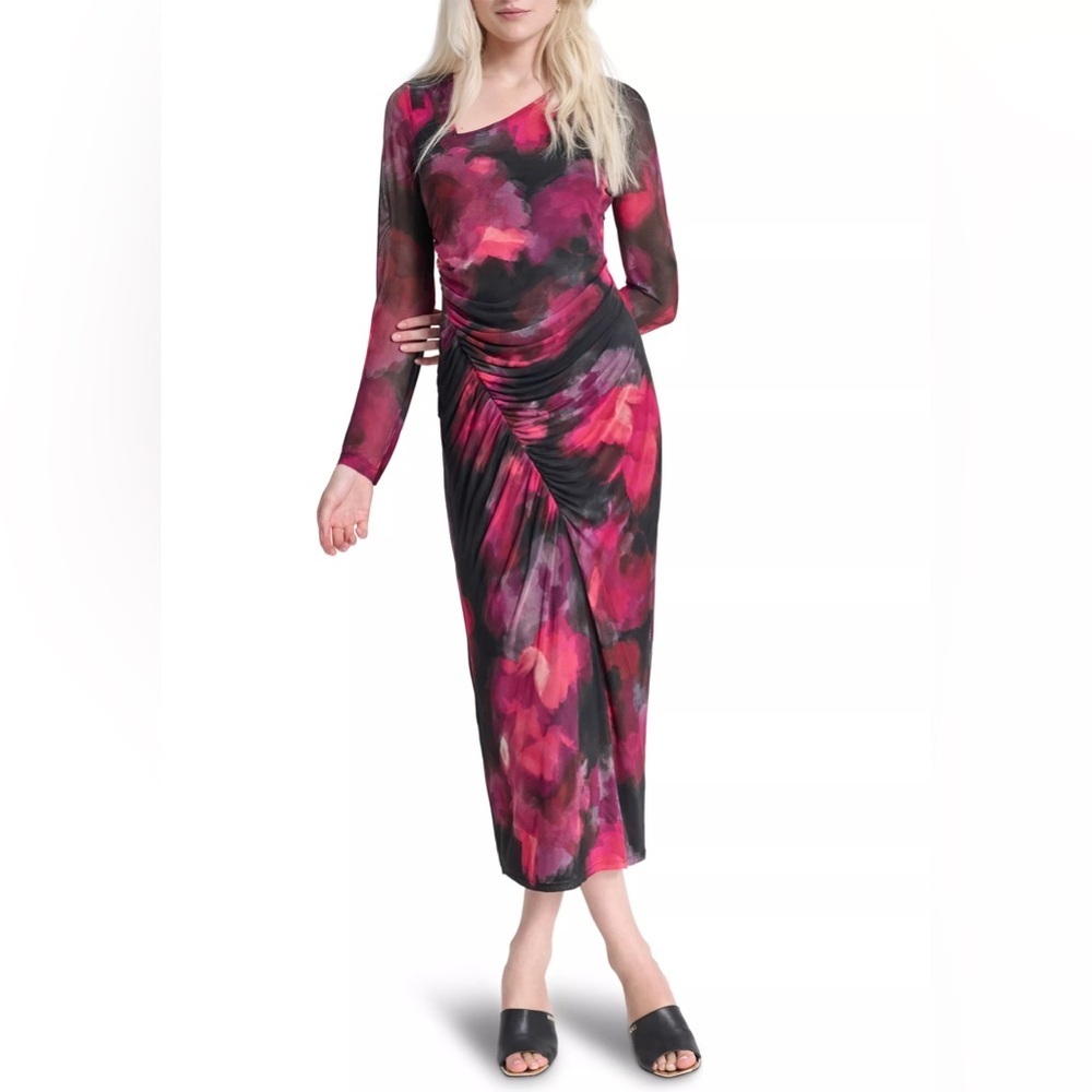 DKNY Vibrant Pink and Black Long Sleeve Dress